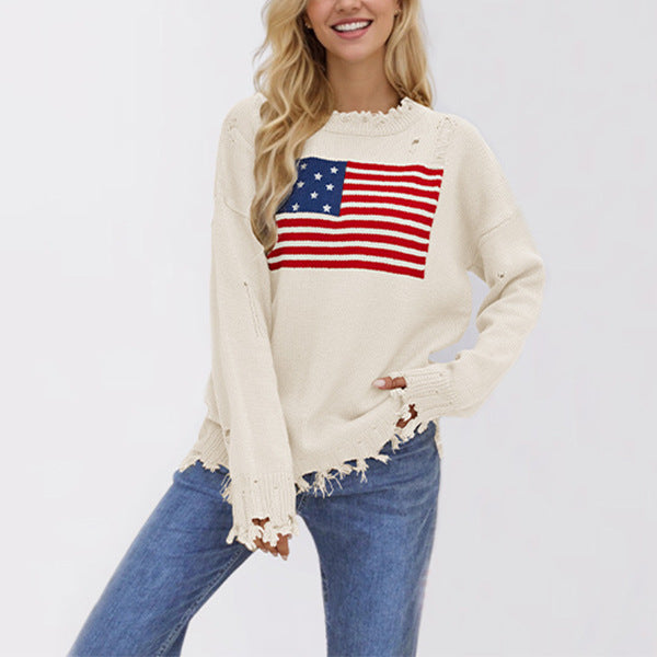 Loose Fit Distressed American Flag Knit Pullover Sweater