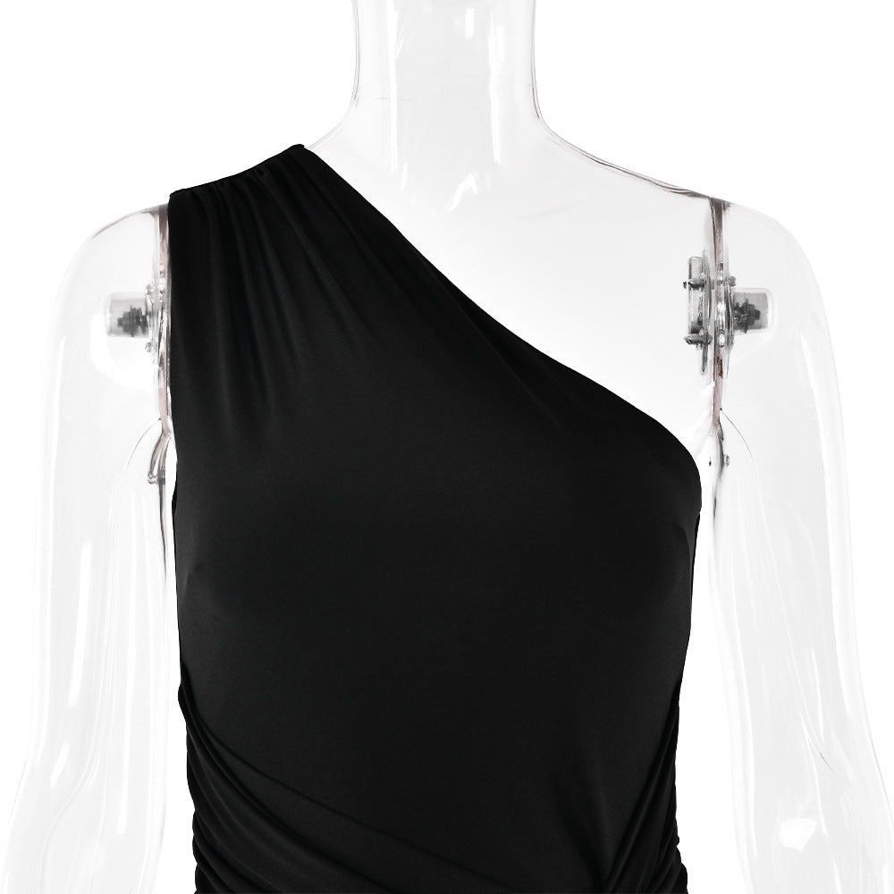 Elegant One Shoulder High Slit Maxi Dress with Rhinestone Detail for Evening Occasions