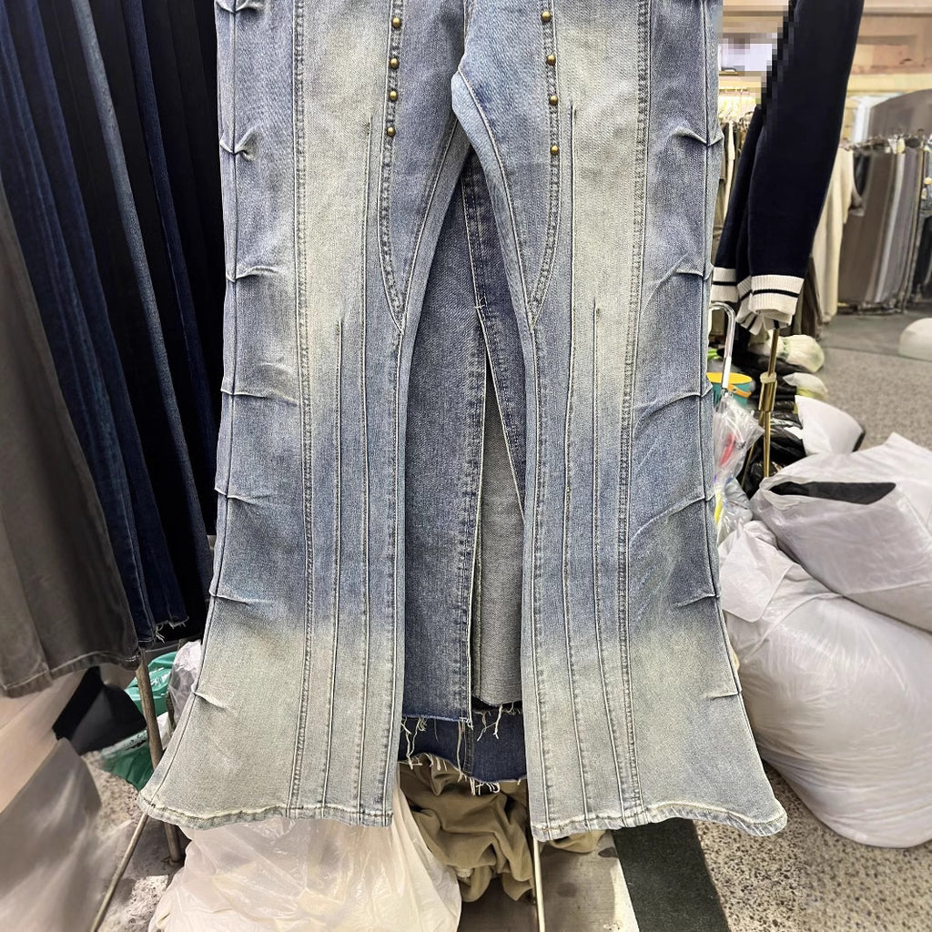 Retro Rivet High-Waist Flared Jeans - Street Style