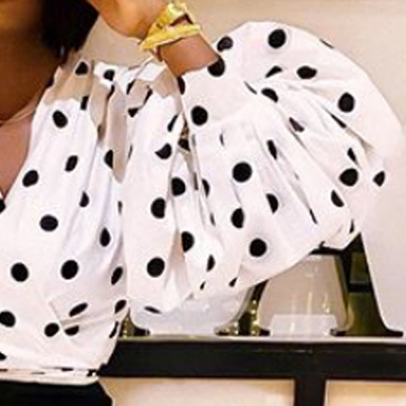 Chic Polka Dot Wrap Blouse with Puff Sleeves - Women's Long Sleeve Top