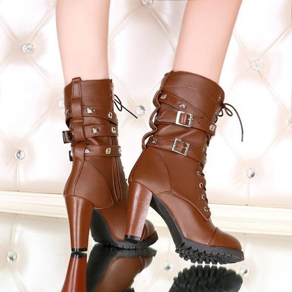 Edgy Rivet High Heel Ankle Boots - Women's Biker Style
