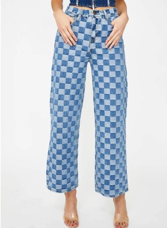 Retro Checkerboard Wide-Leg Jeans