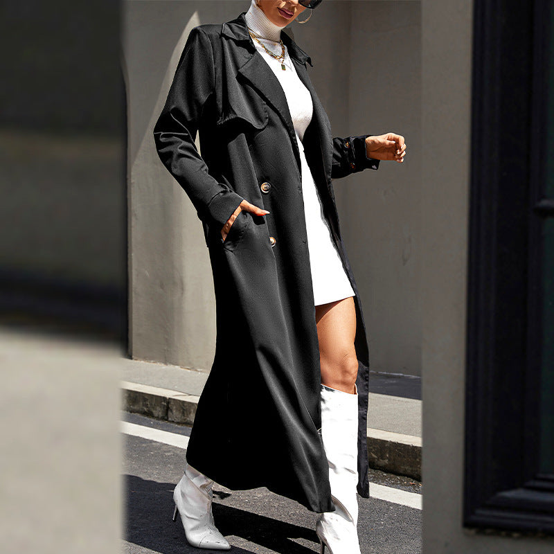 Chic Black Belted Trench Coat for Women - Classic Mid-Length Outerwear