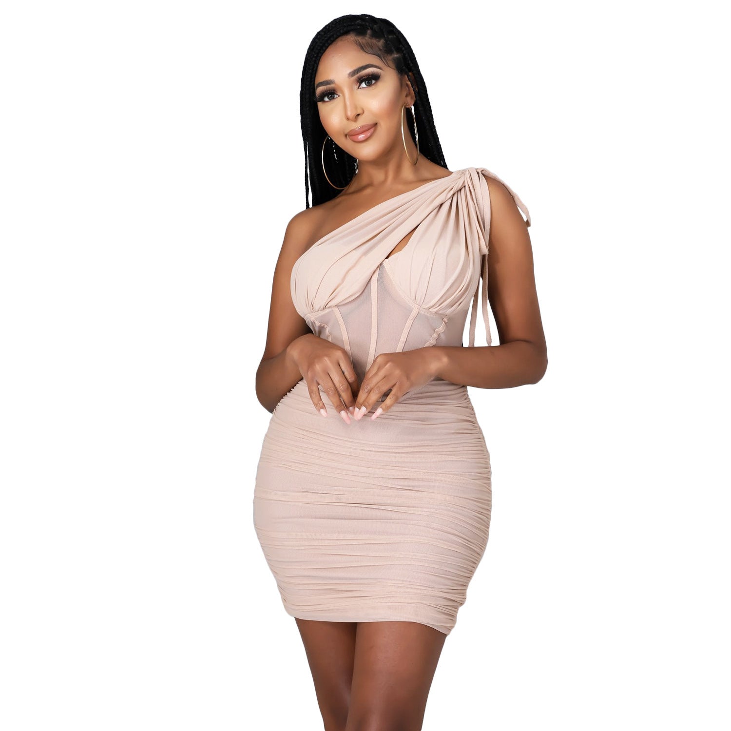 Chic One Shoulder Mesh Panel Ruched Mini Dress