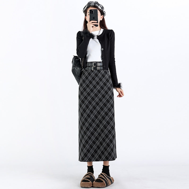 High Waist Plaid Split A Line Midi Skirt College Style