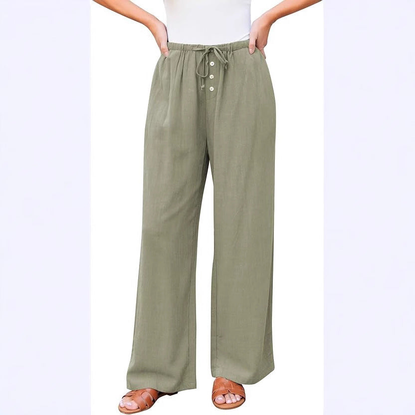 Women's High Waist Wide Leg Cotton Pants with Drawstring