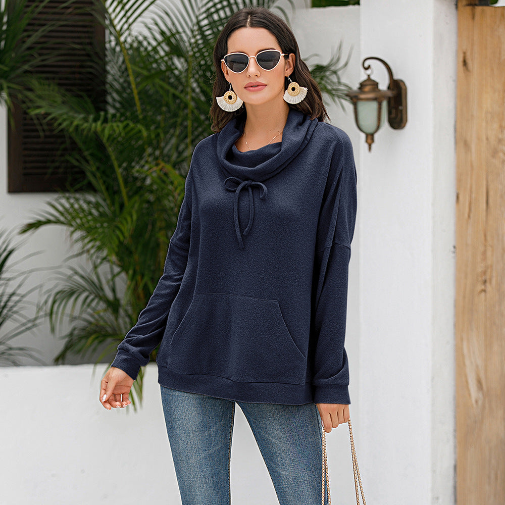 Comfortable Loose Fit Cowl Neck Long Sleeve Pullover Sweater with Front Pocket