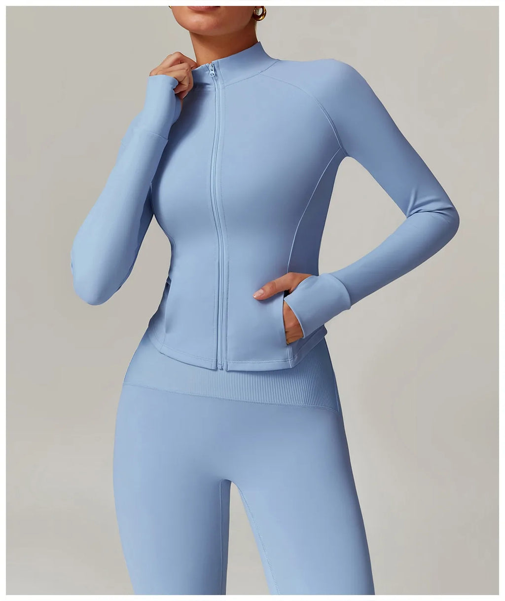 Women's Sleek Stand Collar Quick Drying Full Zip Yoga Jacket and Performance Leggings Set