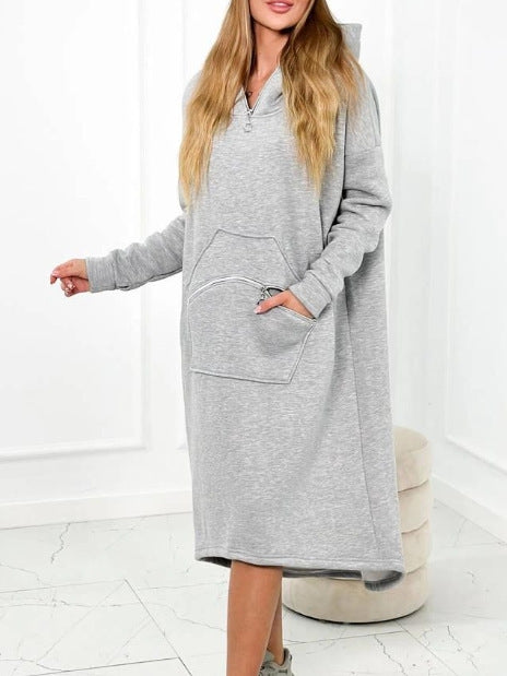 Cozy Casual Hooded Sweatshirt Dress with Zipper Detail and Pockets