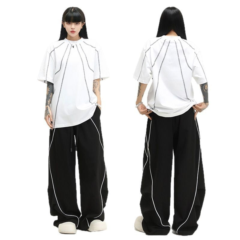 Women's Black Striped Wide-Leg Sporty Track Pants