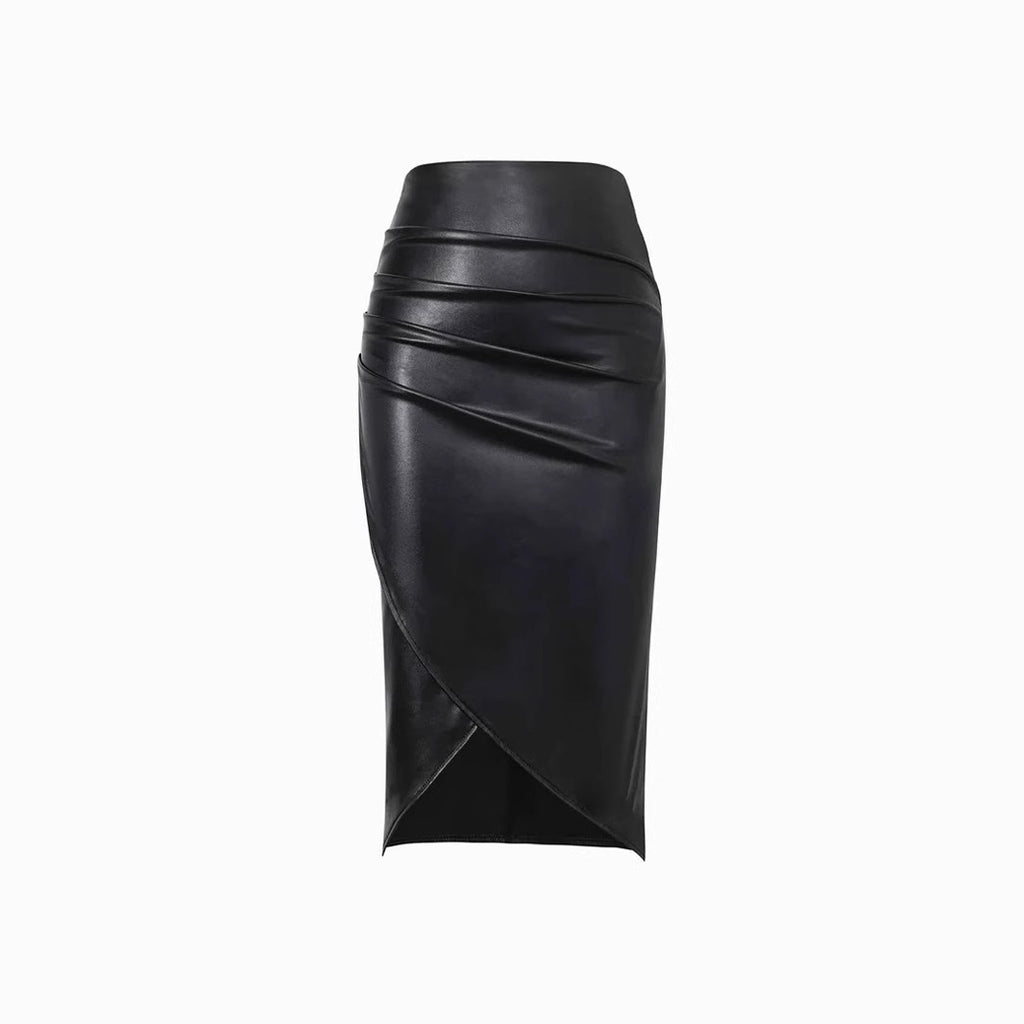 Chic High Waist Ruched Faux Leather Midi Skirt Excellent Asymmetric Hem Design