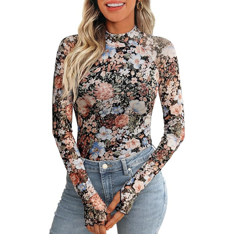 Elegant Floral Print Mesh Long Sleeve Crew Neck Top