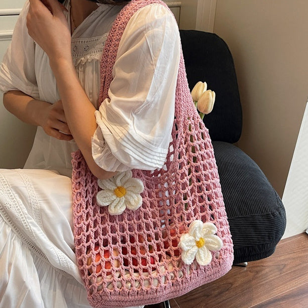 Elegant Knitted Flower Mesh Shoulder Bag - Versatile & Spacious