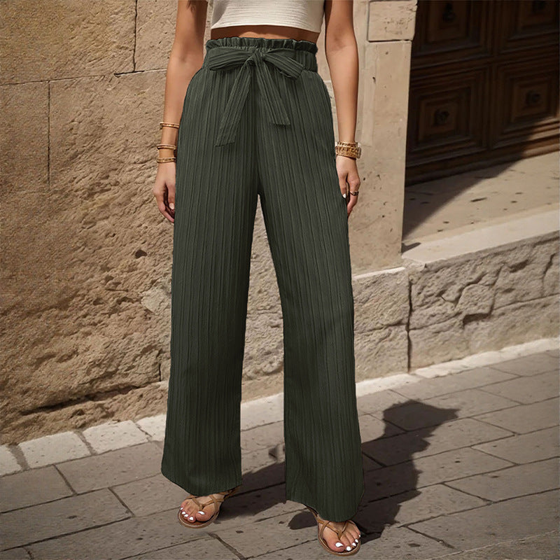 Comfortable High Waisted Paperbag Wide Leg Trousers with Tie Belt