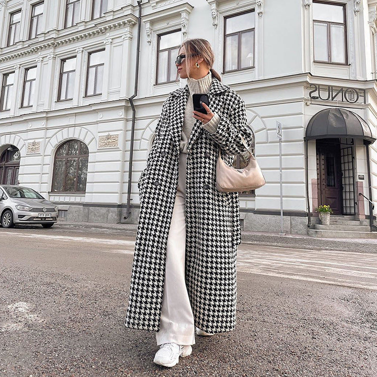 Oversized Houndstooth Long Trench Coat