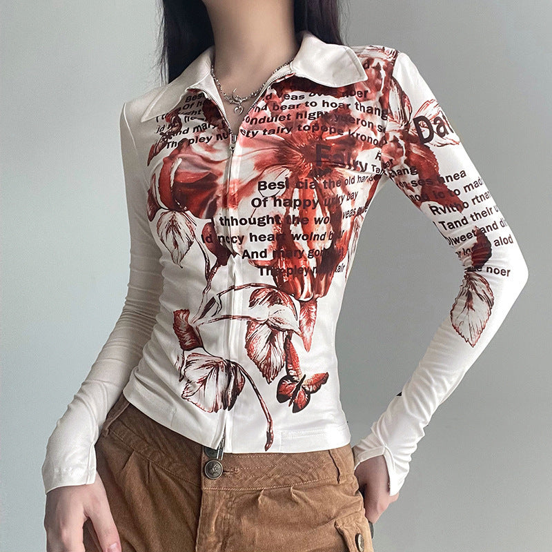 Street Hipster Graphic Print Long Sleeve Slim Fit Polo Collar Zipper Crop Top