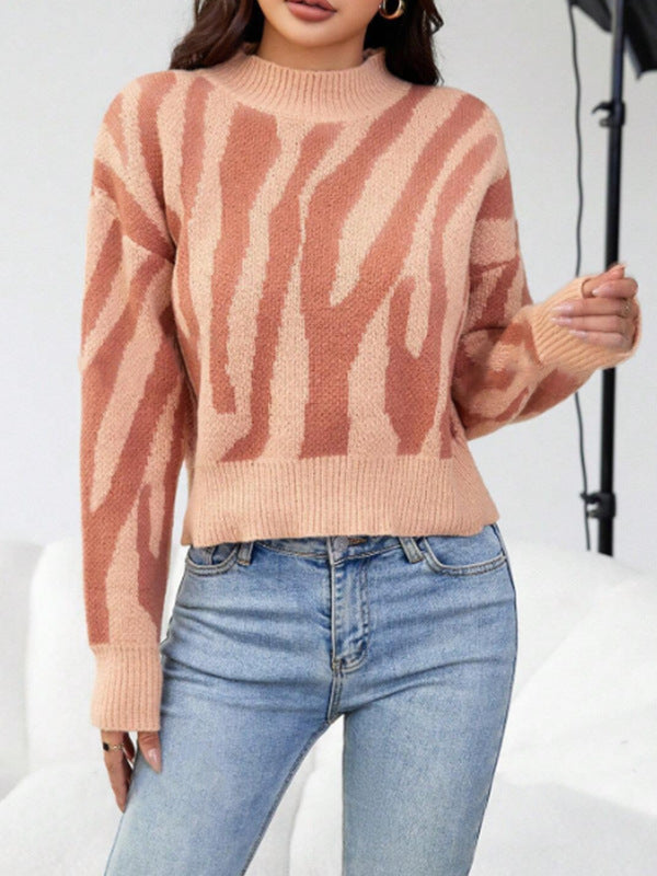 Stylish Jacquard Knit Animal Print Loose Fit Pullover Sweater