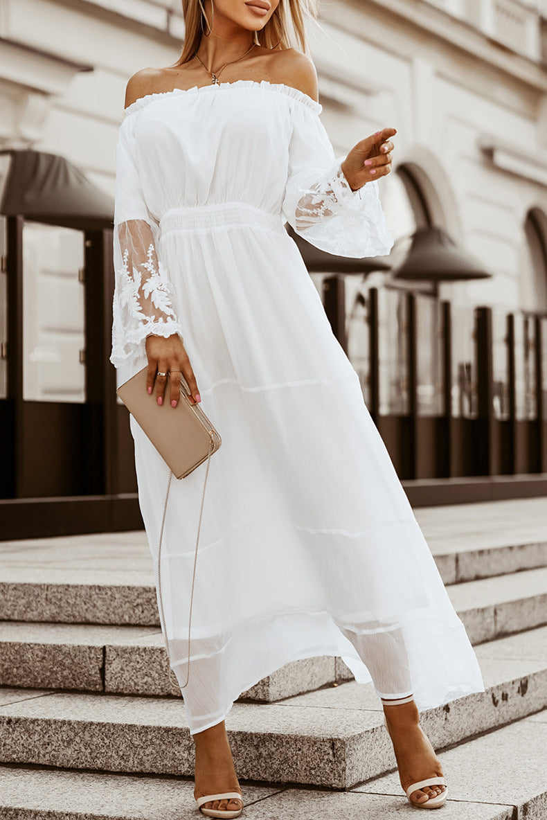 Fashionable Off Shoulder Ruffle Sleeve A Line Flowy Maxi Dress for Women