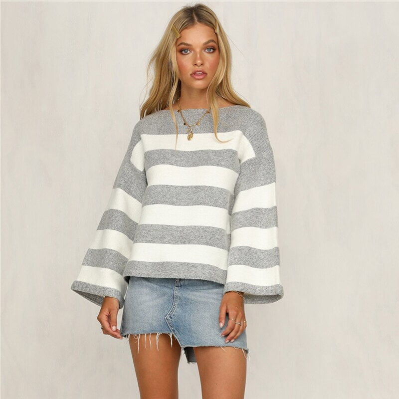Relaxed Fit Striped Color Block Knitted Sweater with Wide Sleeves
