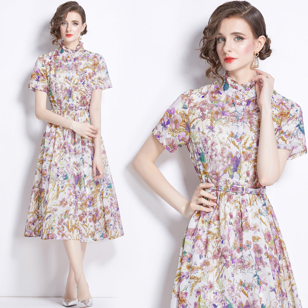 Elegant Floral Print Swing Midi Dress with a Refined Stand Collar and Belt