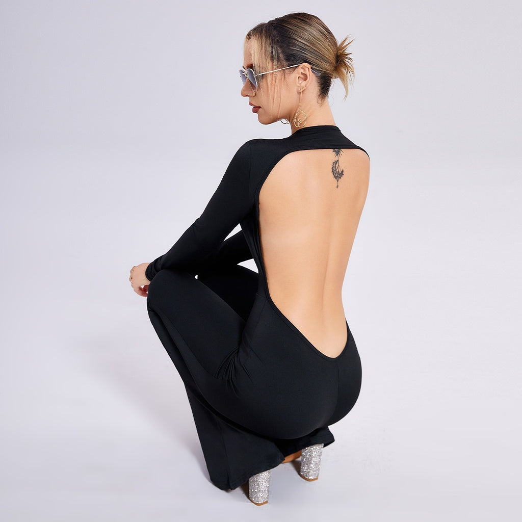 Sleek Long Sleeve Open Back Flared Leg Jumpsuit for Evening Wear