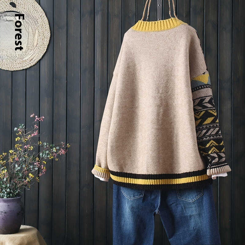 Cozy Bohemian Jacquard Knit Cardigan with Stylish Color Blocks