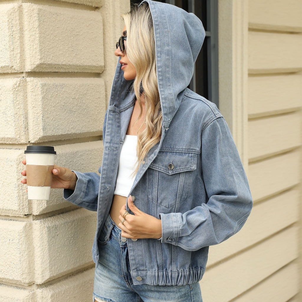 Relaxed Fit Washed Denim Hooded Jacket with Button Closure