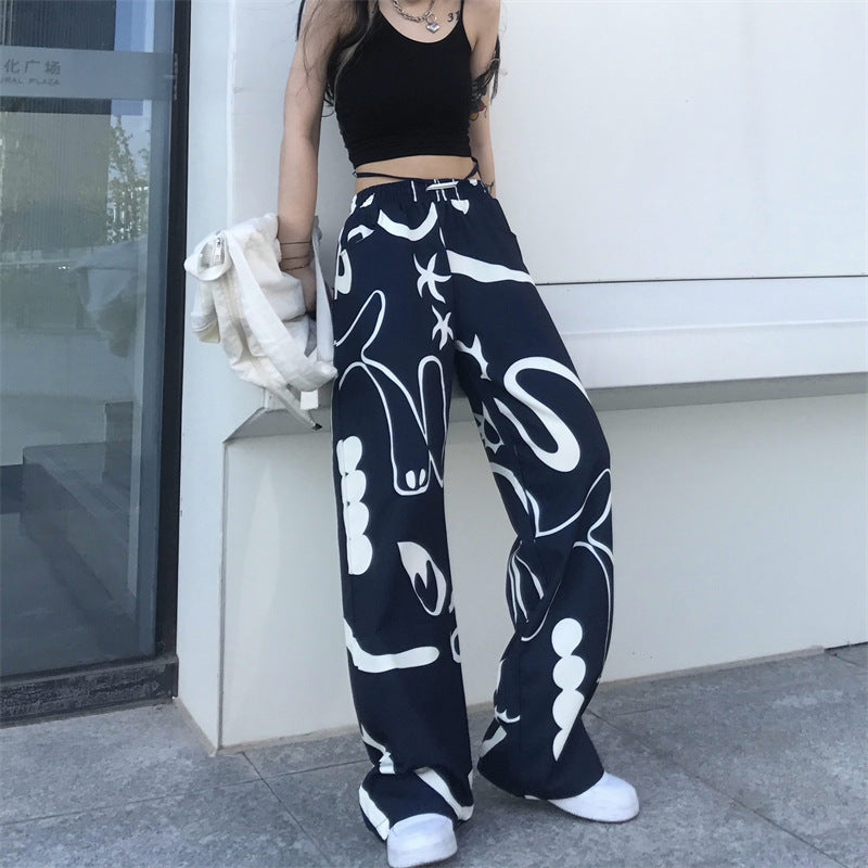Vintage Graffiti Print Loose Wide-Leg Pants
