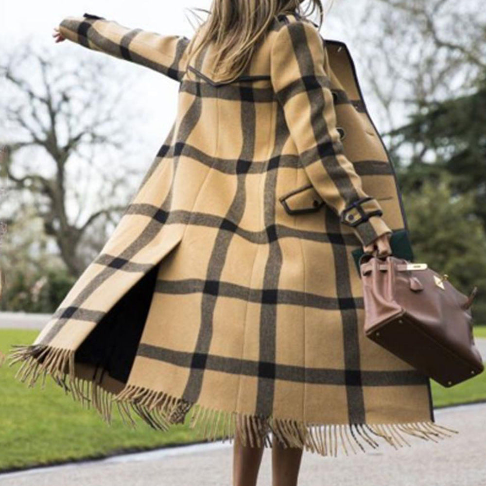 Women's Elegant Plaid Longline Trench Coat - Chic & Versatile Outerwear