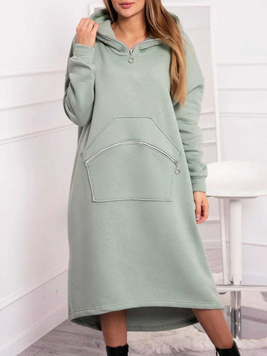 Cozy Casual Hooded Sweatshirt Dress with Zipper Detail and Pockets