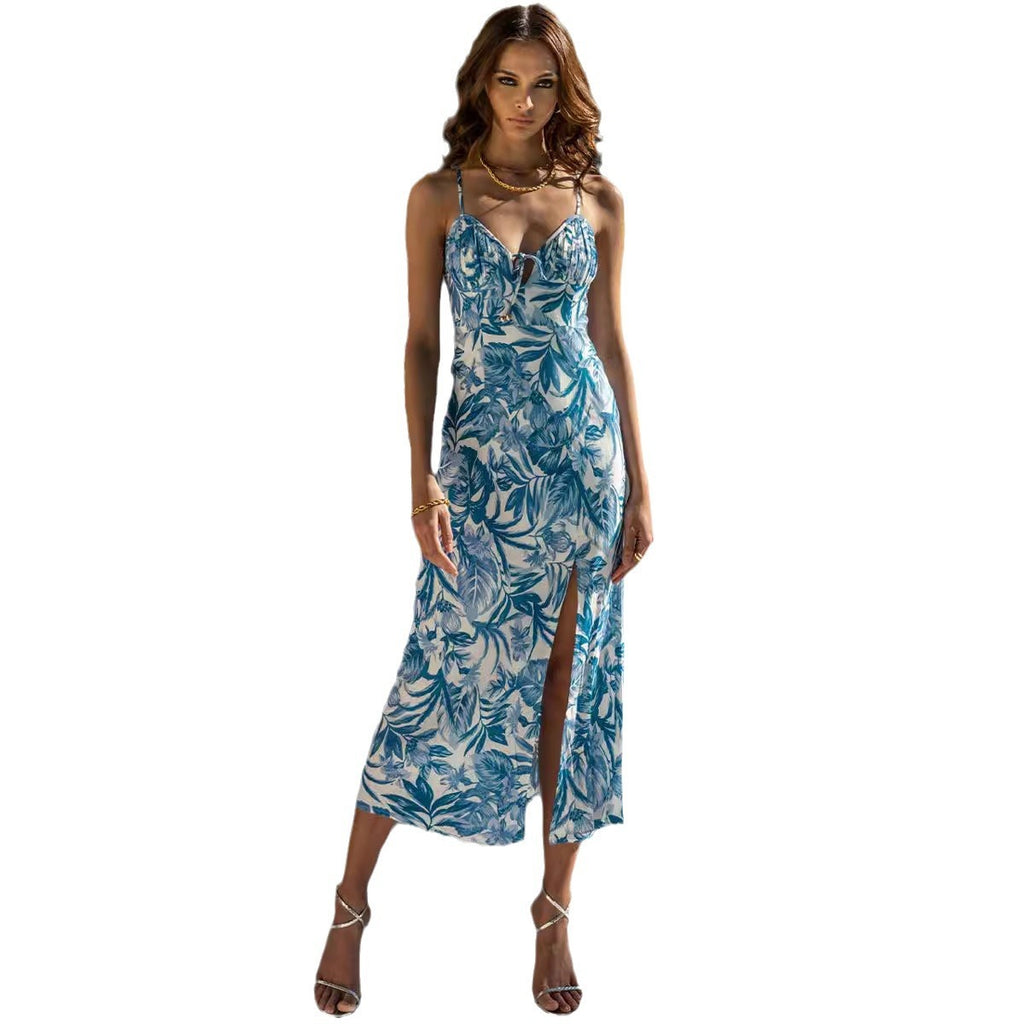 Elegant Blue Floral Print Sleeveless Midi Dress with Thigh Slit