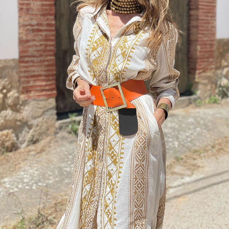 Elegant Bohemian Floral Print Long Sleeve A-Line Maxi Dress with Pockets for Effortless Style