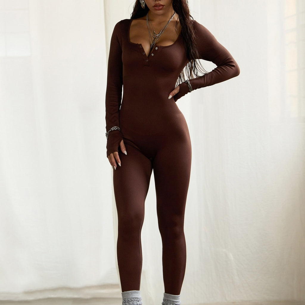 Comfortable Ribbed Long Sleeve Square Neck Yoga Jumpsuit for Active Lifestyles