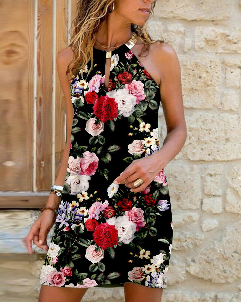 Vibrant Butterfly Print Halter Neck A-Line Mini Dress