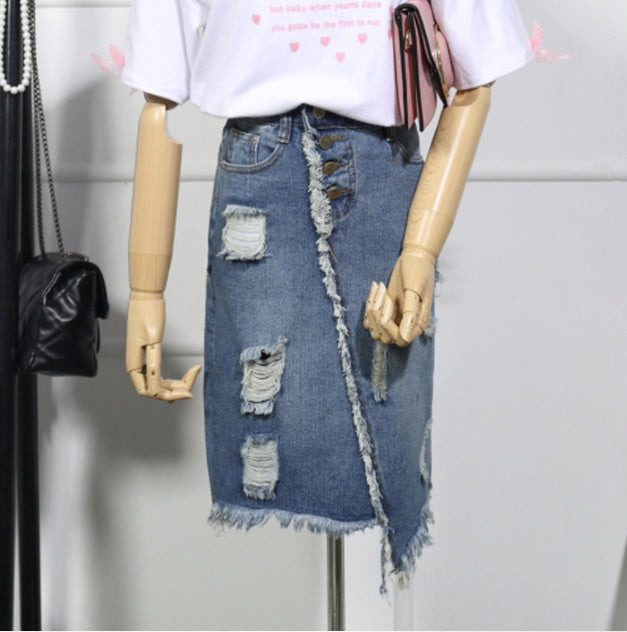 Casual Ripped Denim Skirt with Asymmetric Hem and Distressed Details