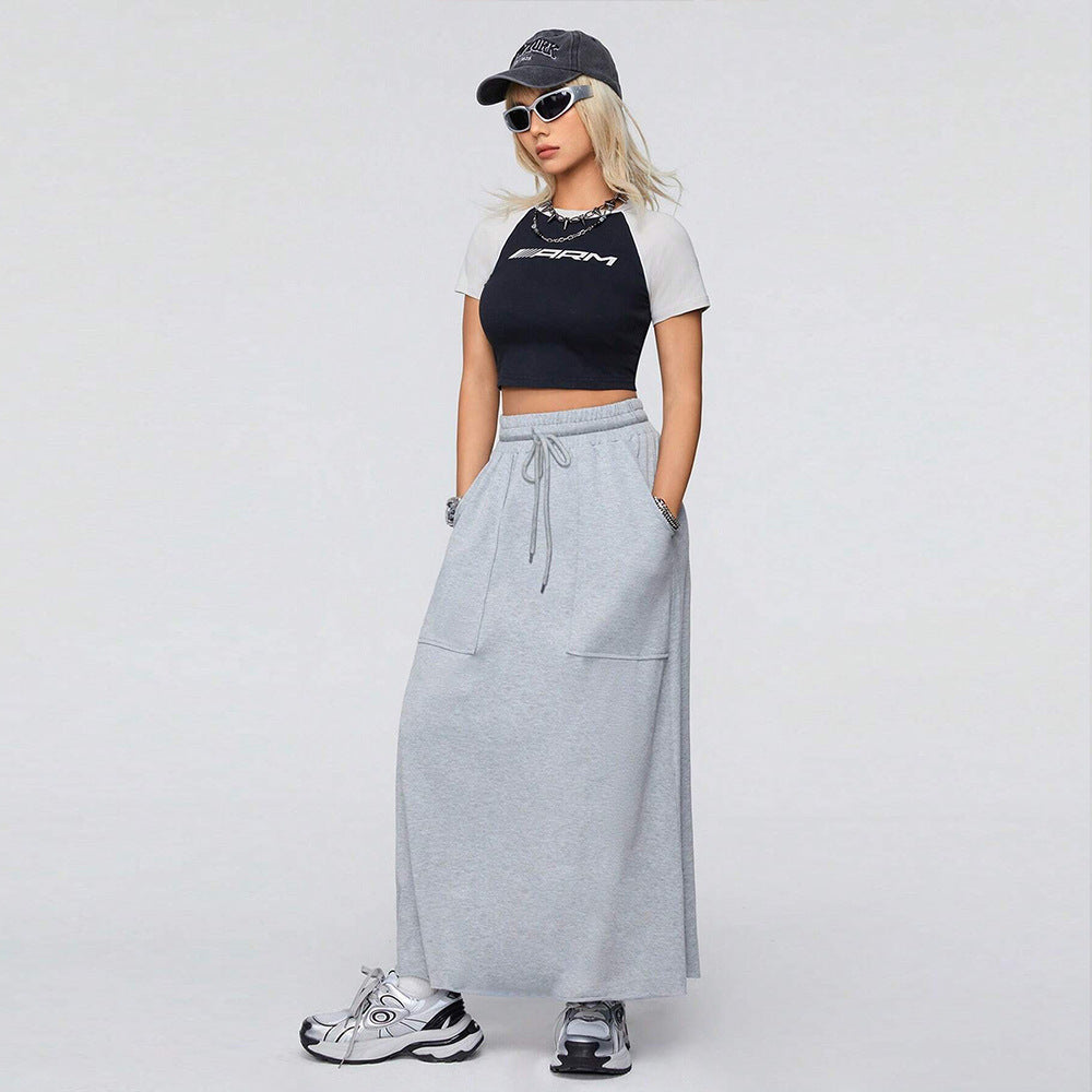 Relaxed Fit Flowy A Line Maxi Skirt with Drawstring Waist