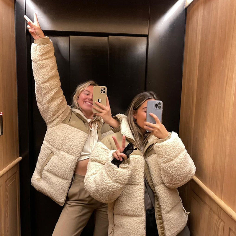 Cozy Apricot Beige Fleece Puffer Jacket with Stand Collar Warm Outerwear