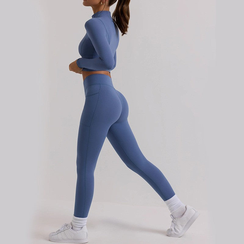 Comfortable Long Sleeve Workout Zip Up Top and High Waisted Leggings Set for Women