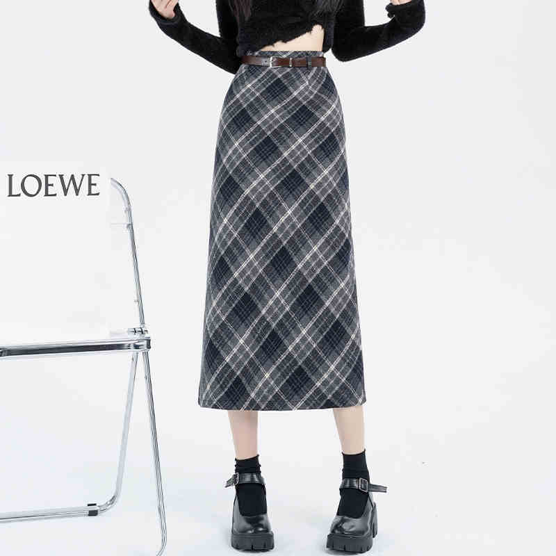 Chic High Waist Wool Blend Plaid A Line Midi Skirt for Women