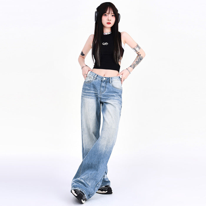 Washed-Out Denim Wide-Leg Jeans - Loose Fit Y2K Style