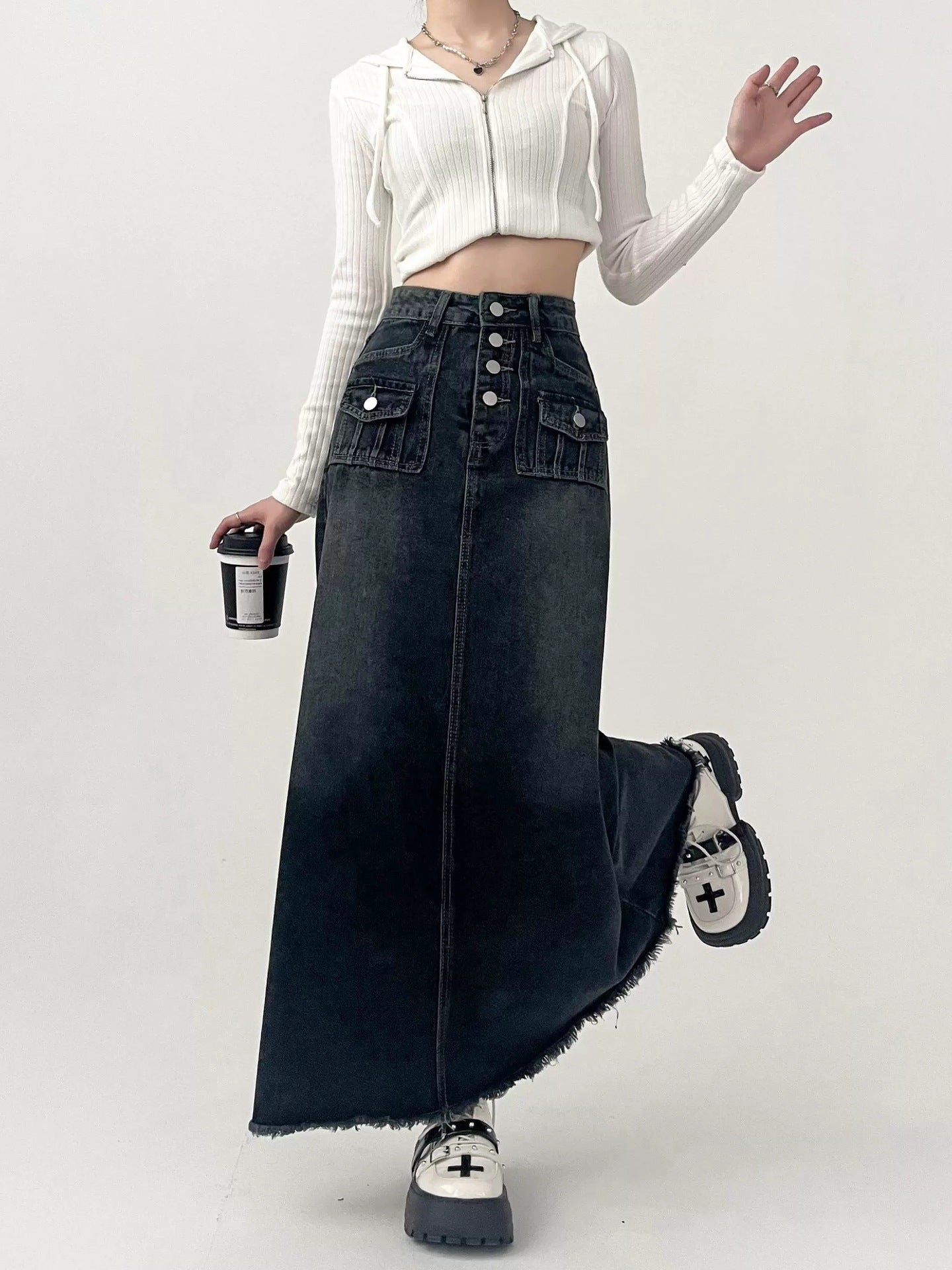 Fashionable Gradient A Line Denim Maxi Skirt with Front Buttons