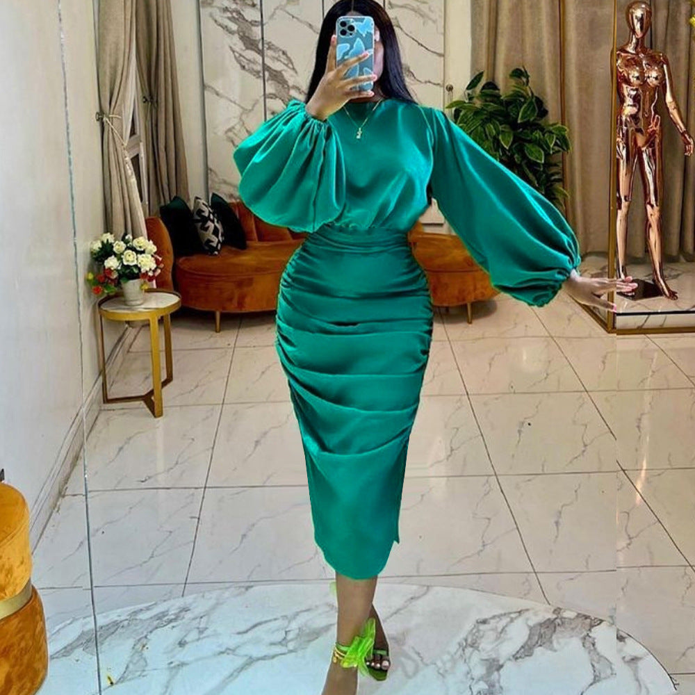 Elegant Green Ruched Midi Dress with Lantern Sleeves