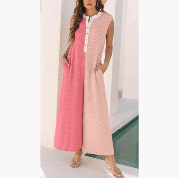 Comfortable Sleeveless Wide Leg Color Block Jumpsuit for Casual Everyday Wear