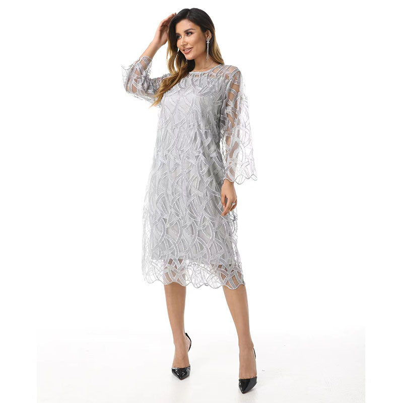 Plus Size Embroidered Lace Dress - Elegant Midi Style