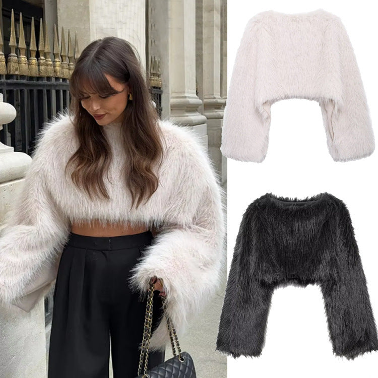 Chic Faux Fur Crop Jacket Statement Long Sleeve Cozy Outerwear