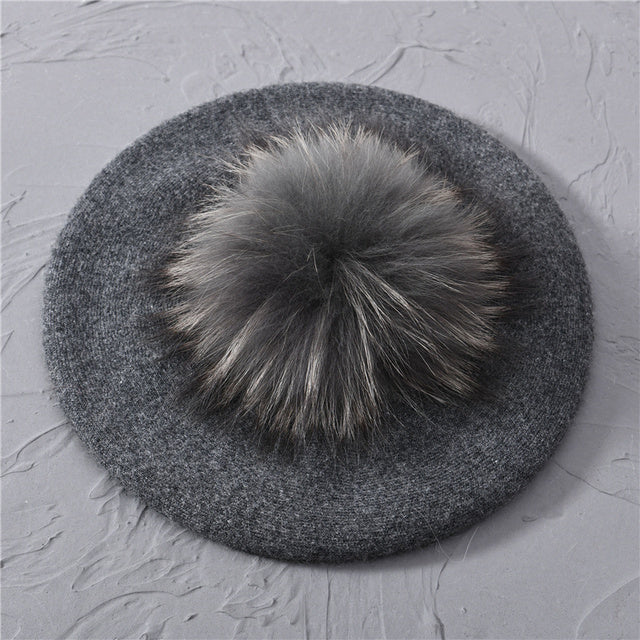Women's Wool Beret with Real Raccoon Fur Pom Pom