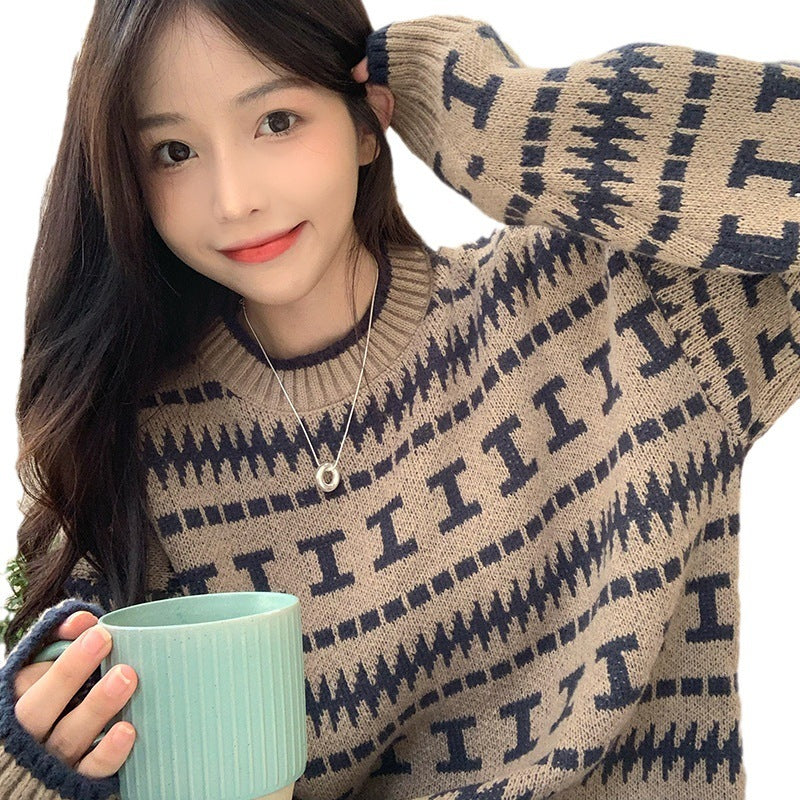 Retro Geometric Pattern Drop Shoulder Knit Pullover Sweater Long Sleeve Cozy