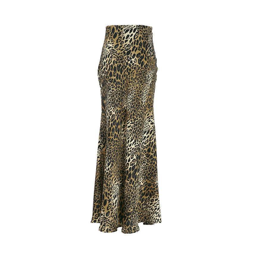 Elegant Leopard Print Flowy Maxi Skirt with Draping Fishtail Hem