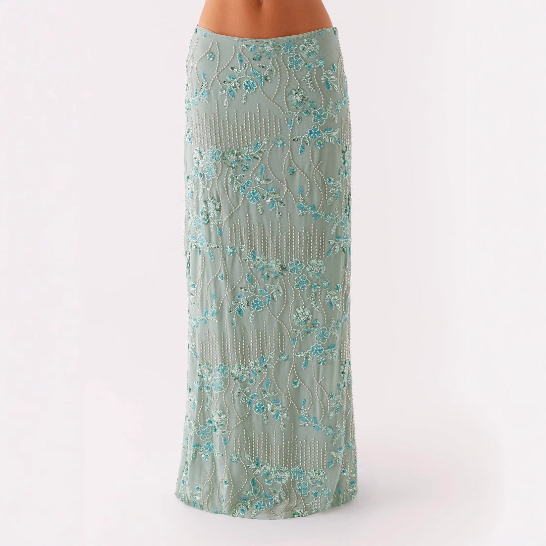 Sparkling Sequined Embroidered Maxi Skirt for Evening Occasions and Parties