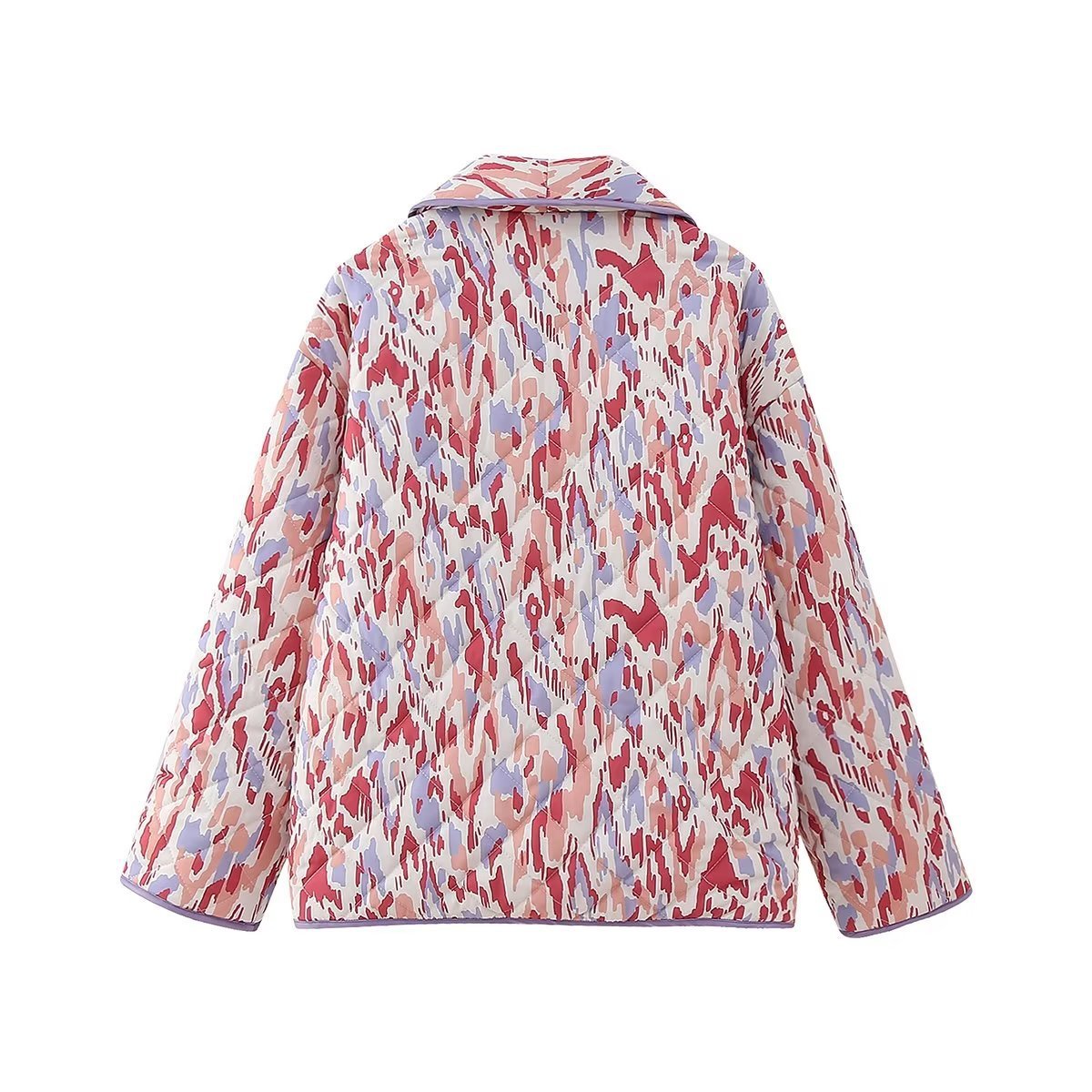 Artistic Retro Printed Quilted Jacket with Lapel Collar and Pockets